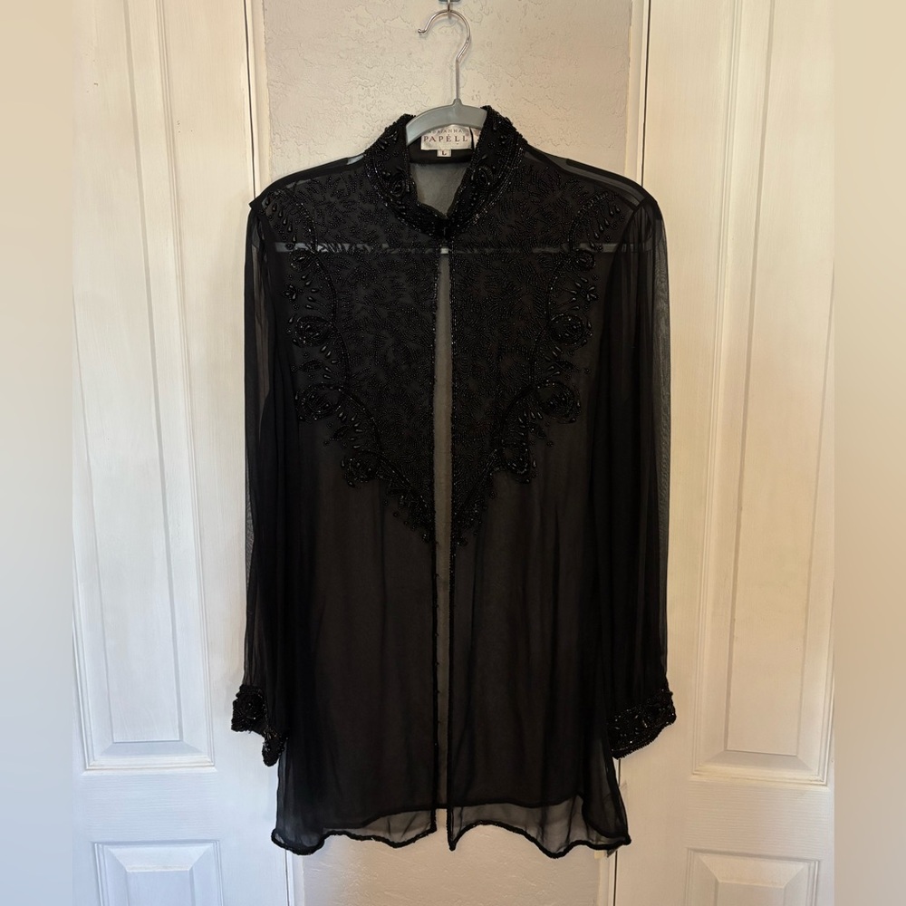 NWT Adrianna Papell 100% Silk Jet Black Heavily Beaded Sheer Tunic Size Large